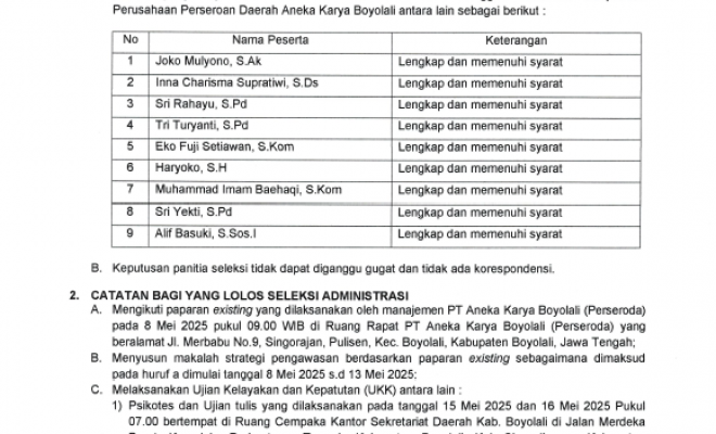 Pengumuman Hasil Seleksi Administrasi Calon Komisaris Independen PERSERODA ANEKA KARYA BOYOLALI Tahun 2025